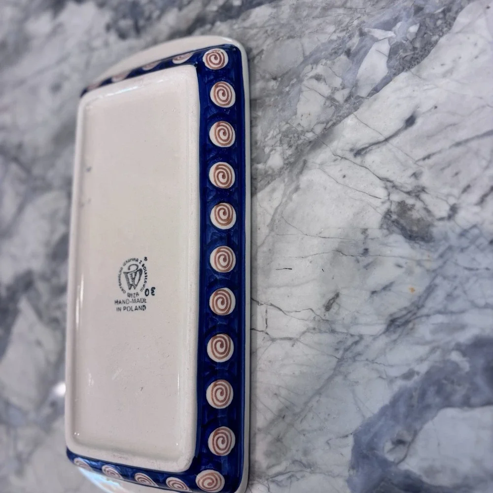 Boleslawiec Handmade Polish Pottery Blue Rose Grape Rectangle Serving Dish